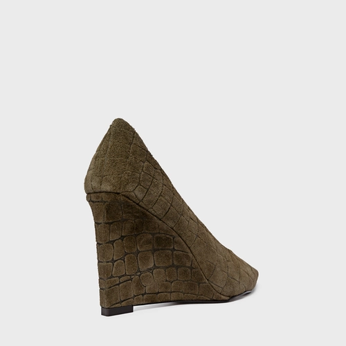 Scarpin Anabela Couro Croco Suede Verde Army Green