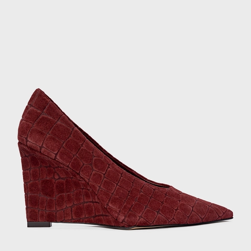 Scarpin Anabela Couro Croco Suede Vinho Mahogany