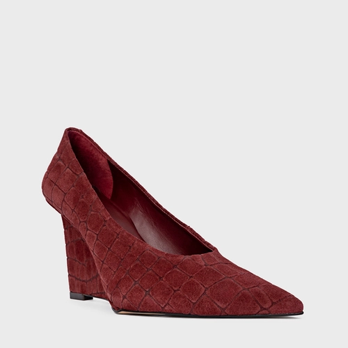 Scarpin Anabela Couro Croco Suede Vinho Mahogany