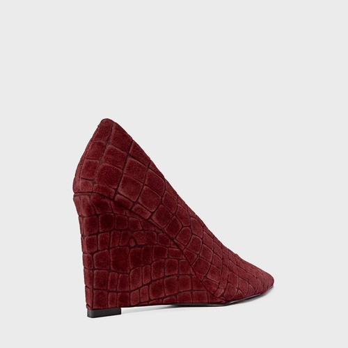 Scarpin Anabela Couro Croco Suede Vinho Mahogany