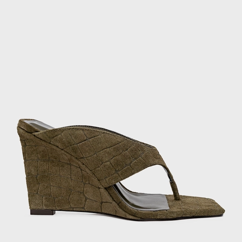 Open Mule Thong Anabela Couro Croco Suede Verde Army Green