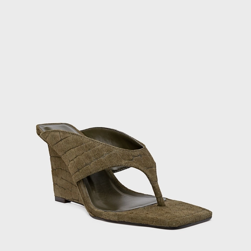 Open Mule Thong Anabela Couro Croco Suede Verde Army Green