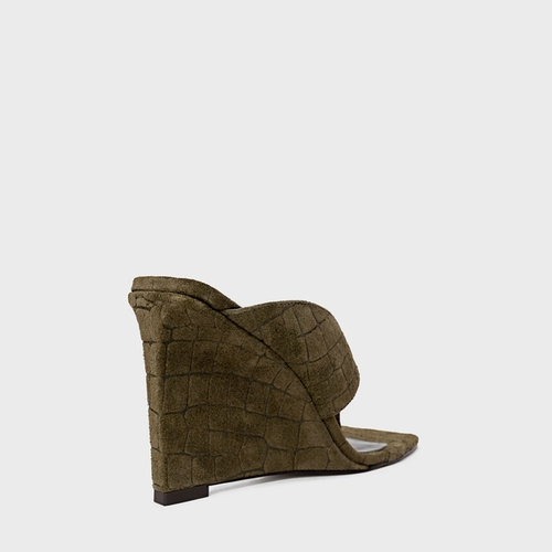 Open Mule Thong Anabela Couro Croco Suede Verde Army Green
