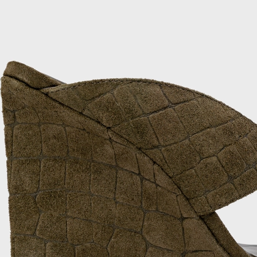 Open Mule Thong Anabela Couro Croco Suede Verde Army Green