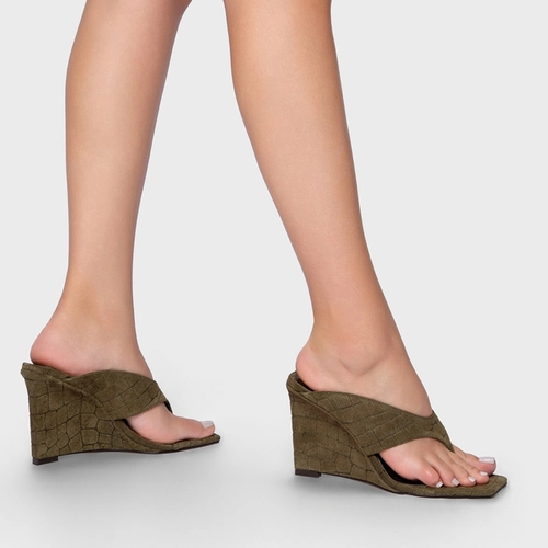 Open Mule Thong Anabela Couro Croco Suede Verde Army Green