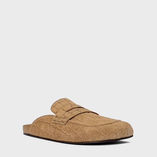 Mule Clog Flat Simple Couro Croco Suede Bege Almond