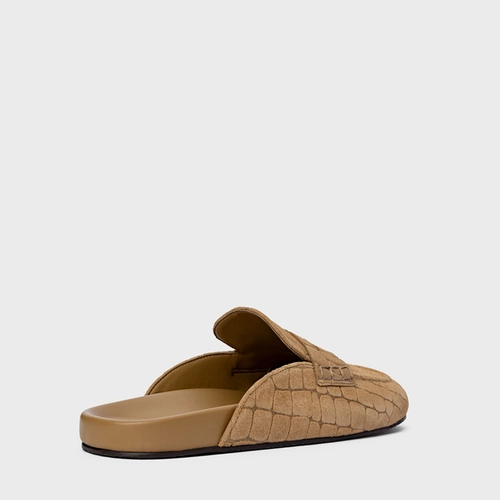 Mule Clog Flat Simple Couro Croco Suede Bege Almond