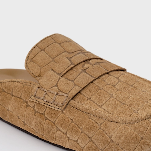Mule Clog Flat Simple Couro Croco Suede Bege Almond