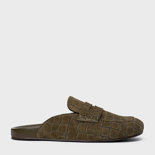 Mule Clog Flat Simple Couro Croco Suede Verde Army Green