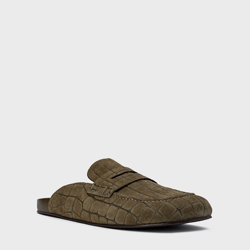 Mule Clog Flat Simple Couro Croco Suede Verde Army Green