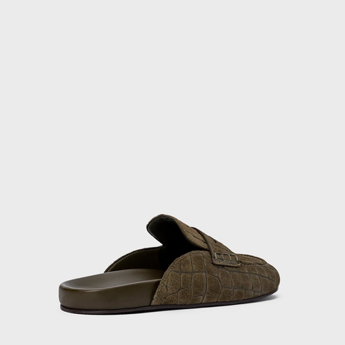 Mule Clog Flat Simple Couro Croco Suede Verde Army Green