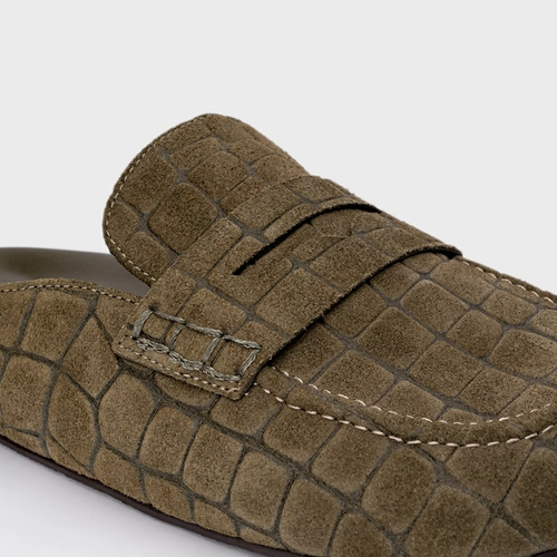 Mule Clog Flat Simple Couro Croco Suede Verde Army Green