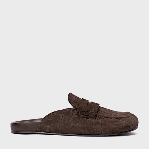 Mule Clog Flat Simple Couro Croco Suede Marrom Dark Brown