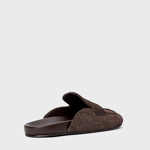 Mule Clog Flat Simple Couro Croco Suede Marrom Dark Brown