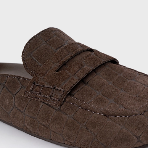 Mule Clog Flat Simple Couro Croco Suede Marrom Dark Brown