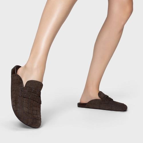 Mule Clog Flat Simple Couro Croco Suede Marrom Dark Brown