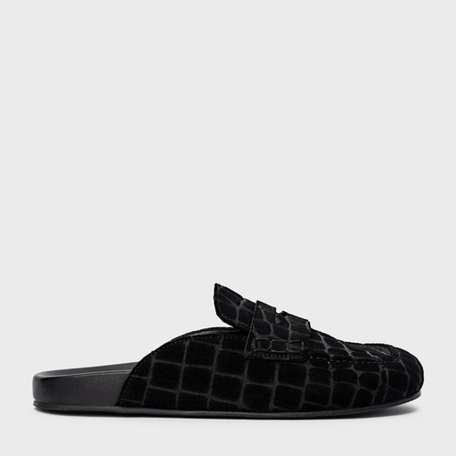 Mule Clog Flat Simple Couro Croco Suede Preto