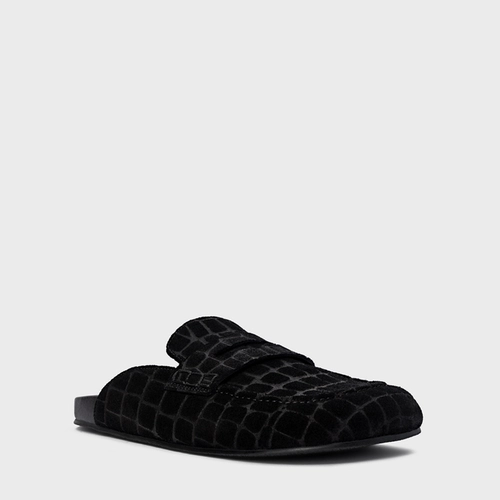Mule Clog Flat Simple Couro Croco Suede Preto