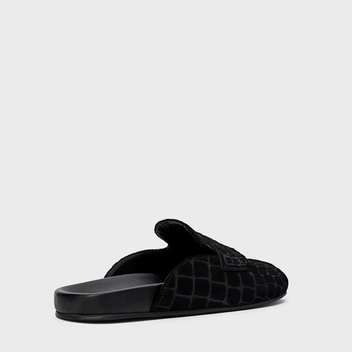 Mule Clog Flat Simple Couro Croco Suede Preto
