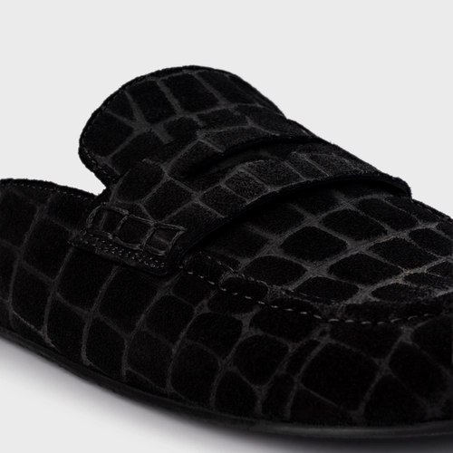 Mule Clog Flat Simple Couro Croco Suede Preto