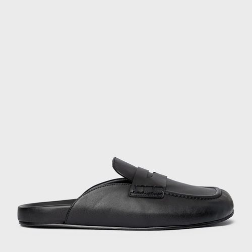 Mule Clog Flat Simple Couro Preto