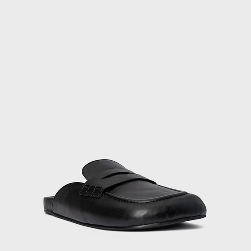 Mule Clog Flat Simple Couro Preto