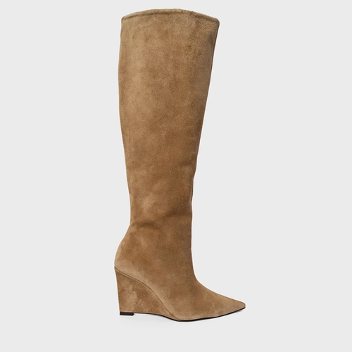 Bota Anabela Cano Alto Couro Suede Bege Almond