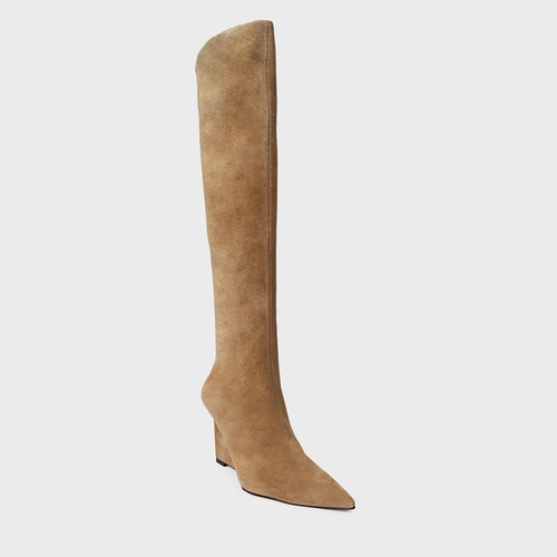 Bota Anabela Cano Alto Couro Suede Bege Almond