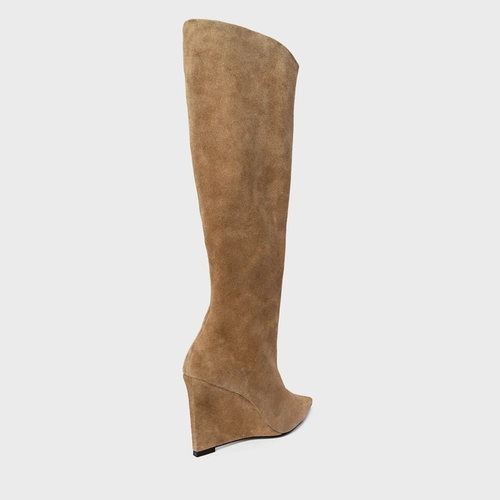 Bota Anabela Cano Alto Couro Suede Bege Almond