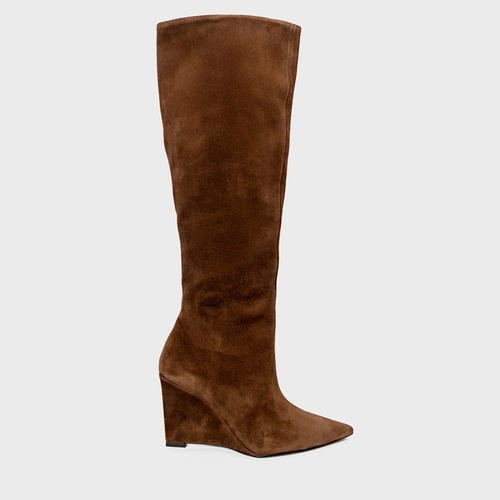 Bota Anabela Cano Alto Couro Suede Marrom Brownie