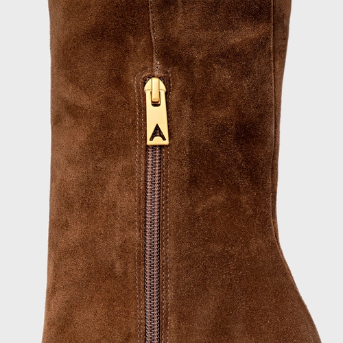 Bota Anabela Cano Alto Couro Suede Marrom Brownie