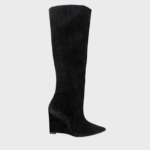 Bota Anabela Cano Alto Couro Suede Preto