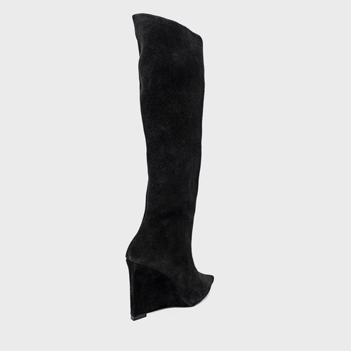 Bota Anabela Cano Alto Couro Suede Preto