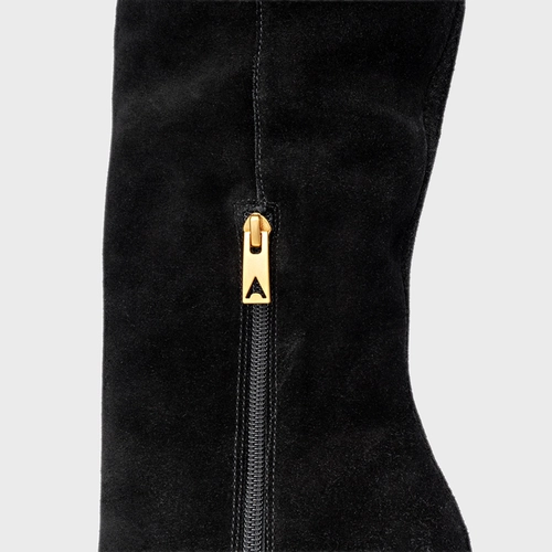 Bota Anabela Cano Alto Couro Suede Preto