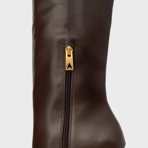 Bota Anabela Cano Alto Couro Marrom Dark Brown