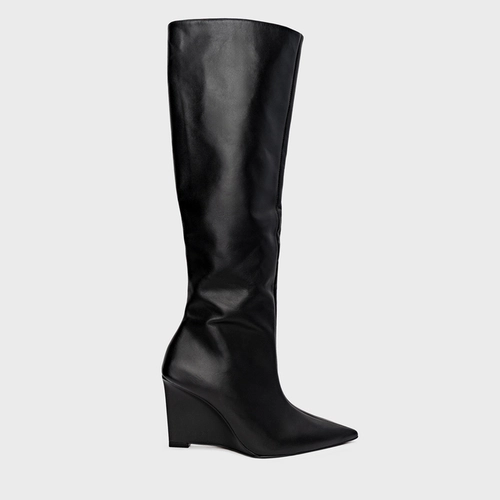 Bota Anabela Cano Alto Couro Preto