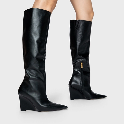 Bota Anabela Cano Alto Couro Preto