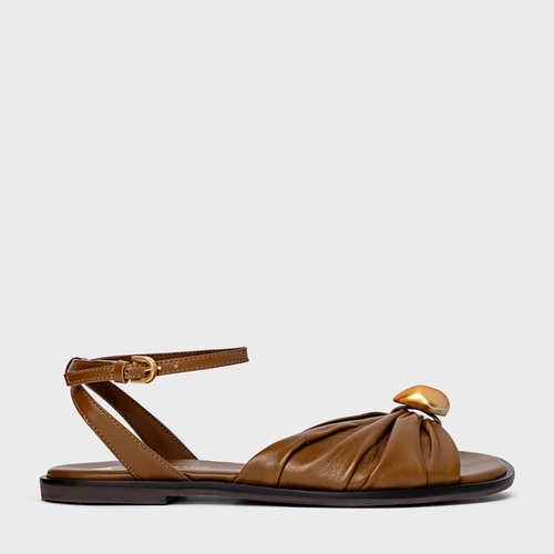 Sandália Flat Gold Ball Couro Marrom Saddle