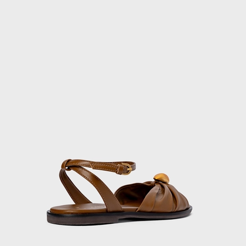 Sandália Flat Gold Ball Couro Marrom Saddle