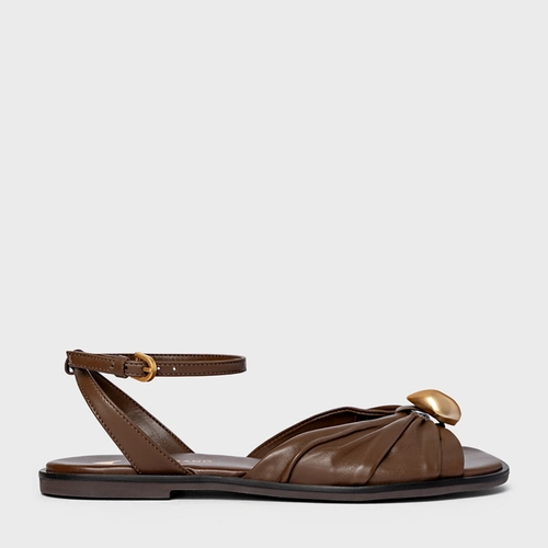 Sandália Flat Gold Ball Couro Marrom Brownie