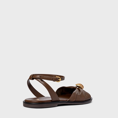 Sandália Flat Gold Ball Couro Marrom Brownie