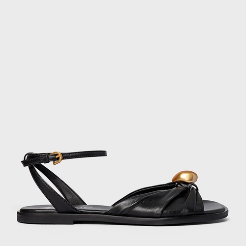 Sandália Flat Gold Ball Couro Preto