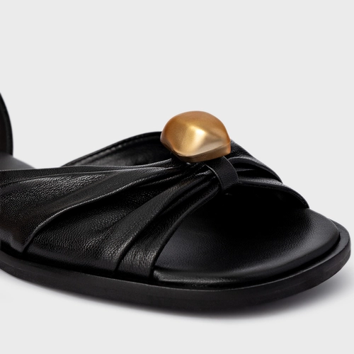 Sandália Flat Gold Ball Couro Preto
