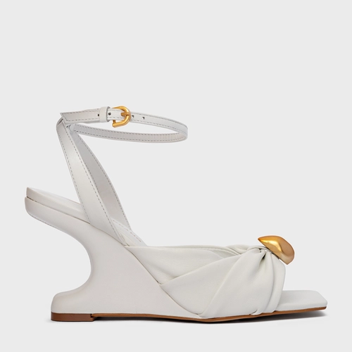 Sandália Gold Ball Anabela Couro Branco