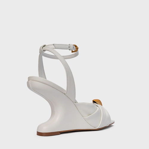 Sandália Gold Ball Anabela Couro Branco