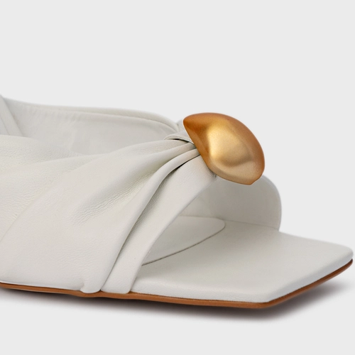 Sandália Gold Ball Anabela Couro Branco