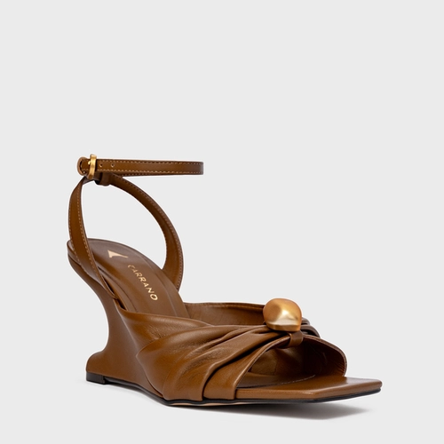 Sandália Gold Ball Anabela Couro Marrom Saddle