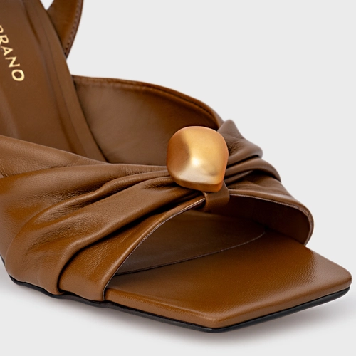 Sandália Gold Ball Anabela Couro Marrom Saddle