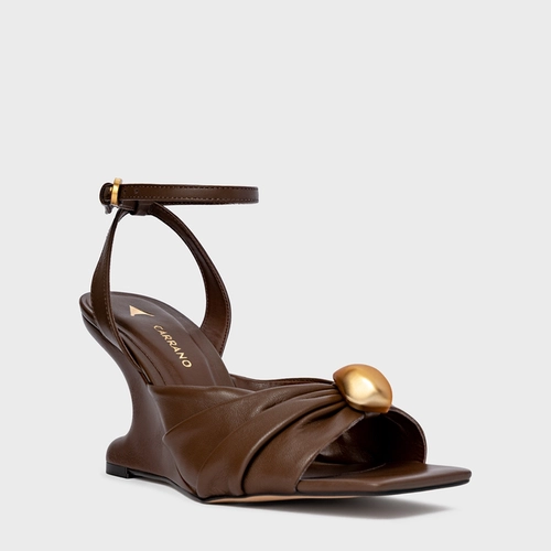 Sandália Gold Ball Anabela Couro Marrom Brownie