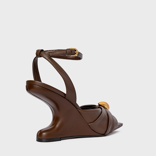 Sandália Gold Ball Anabela Couro Marrom Brownie